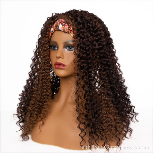 Headband wigs wholesale mix brown heat resistant afro kinky curly fibre headband synthetic hair wigs for black women